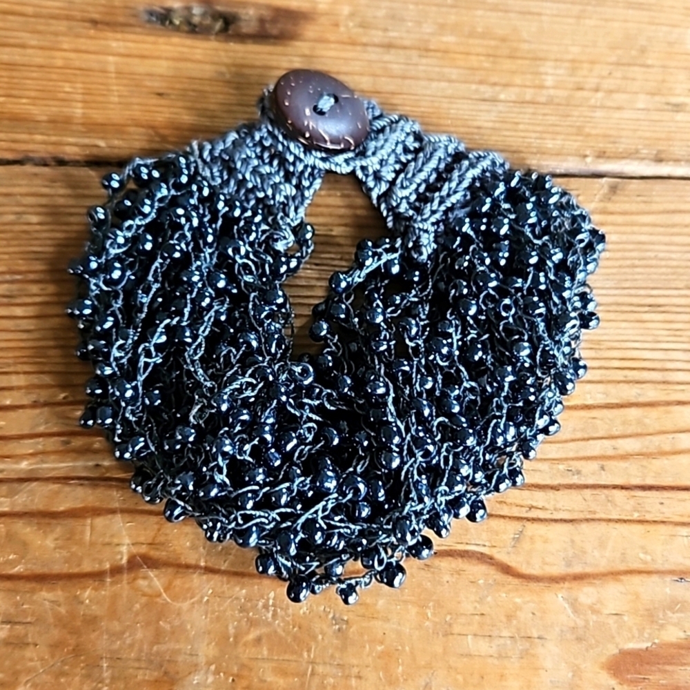 Vintage Handmade Silver Gray Crocheted Multi Strand Beaded Bracelet